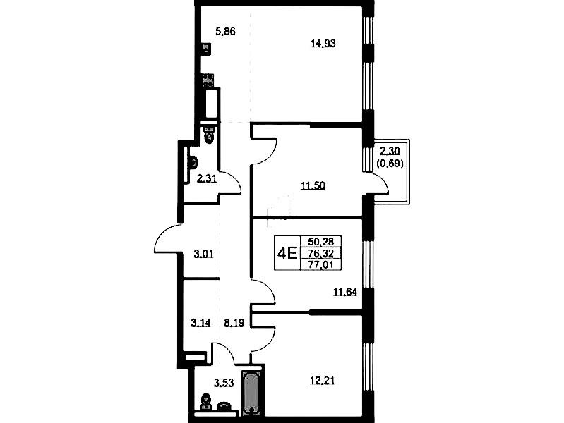 3-комнатная квартира 77.01 м², 4/9 эт., ЖК «Квартал Лаголово»